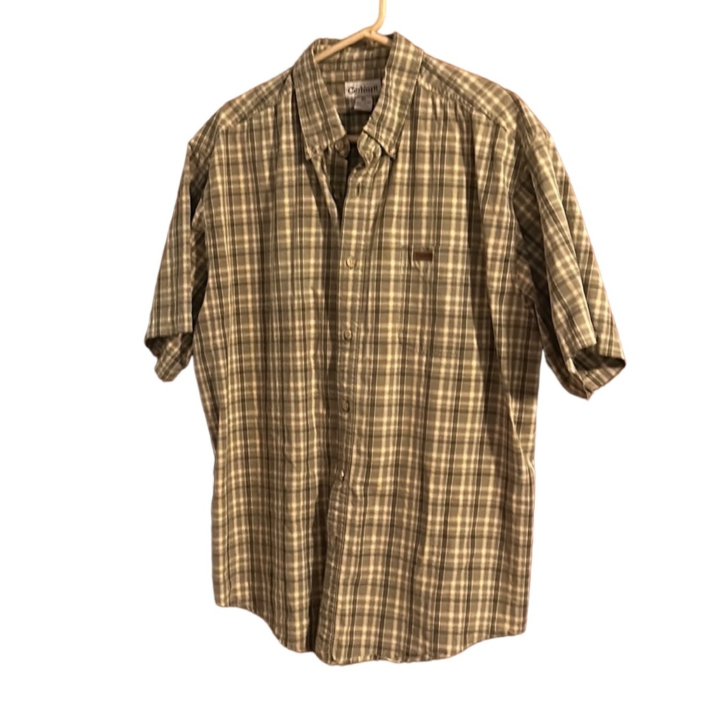💜💜 Men’s CARHARTT ButtonUp 100% Cotton Plaid Short Sleeved Shirt Size XL
